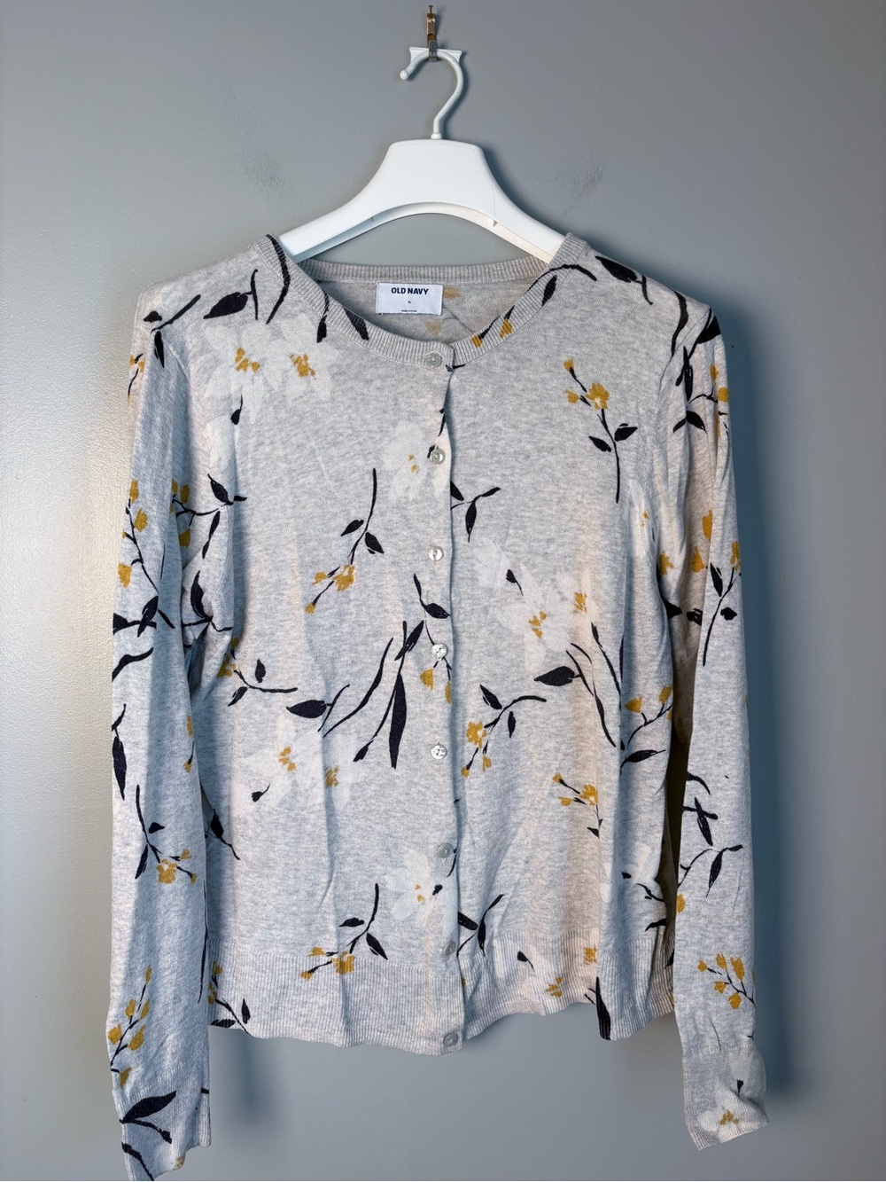 Old Navy Floral Button Front Cardigan Sweater Grey Yellow White Womens XL Cotton